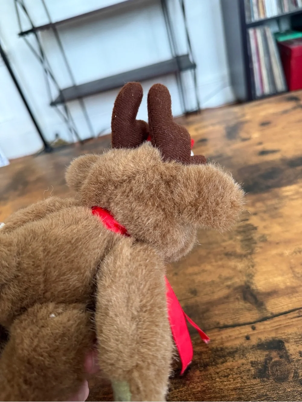 Plush Brown Reindeer Toy with Red Scarf and Santa Hat vintage